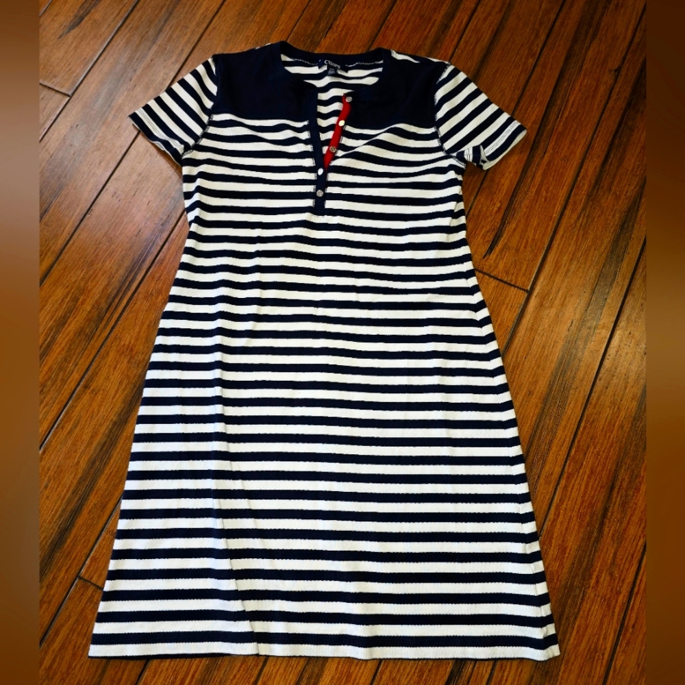 Chaps Women Size Large Navy and White Striped Dress
